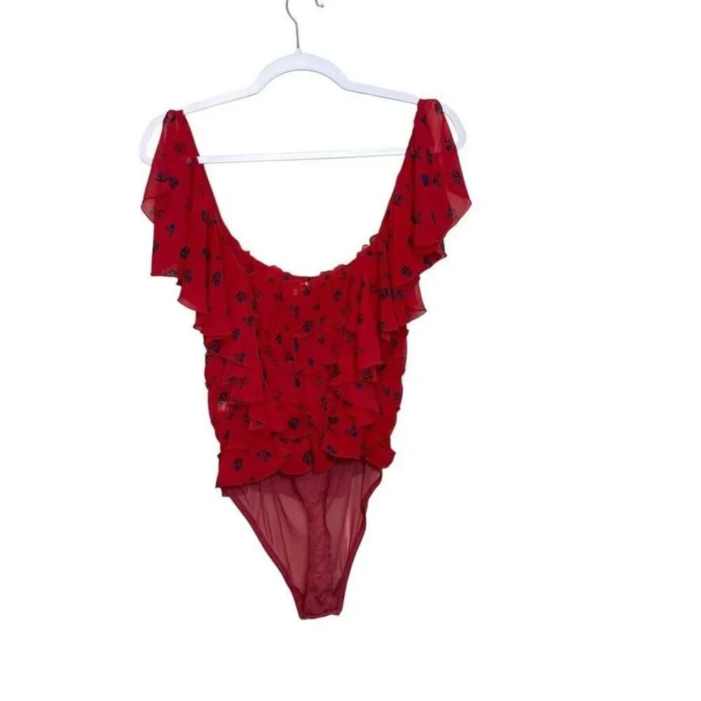 Free People Intimately Bodysuit Blouse Women S Red Floral Ruffle Cap Sleeve Boho